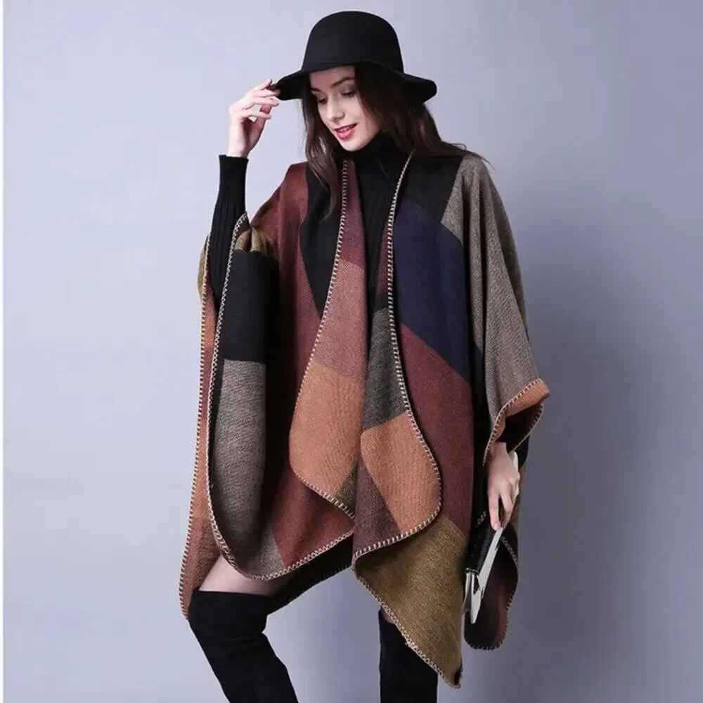 2/$30 NEW Boho Colorblock Earth Tones Ruana Oversized Open Wrap Poncho Blanket - Picture 3 of 11